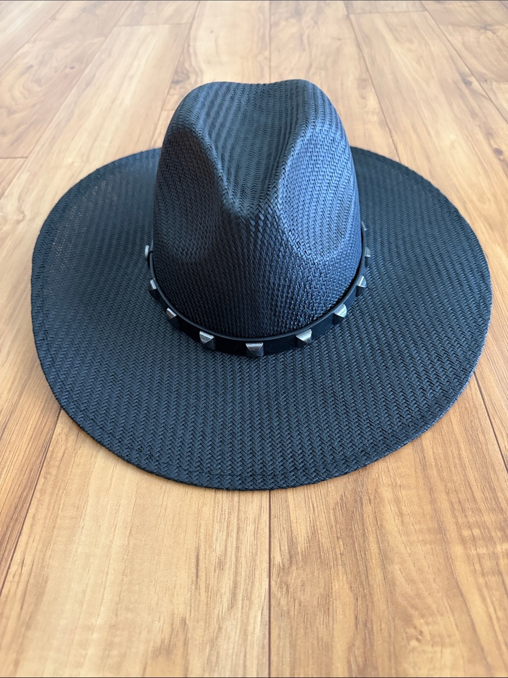 All Saints Black Wide-Brim Straw Fedora Hat with Studded Band NWOT